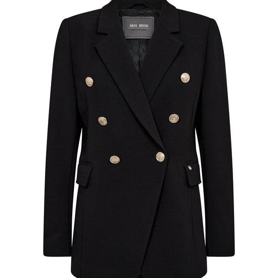 black double breasted blazer with gold enamel buttons and flap pockets