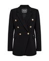 black double breasted blazer with gold enamel buttons and flap pockets