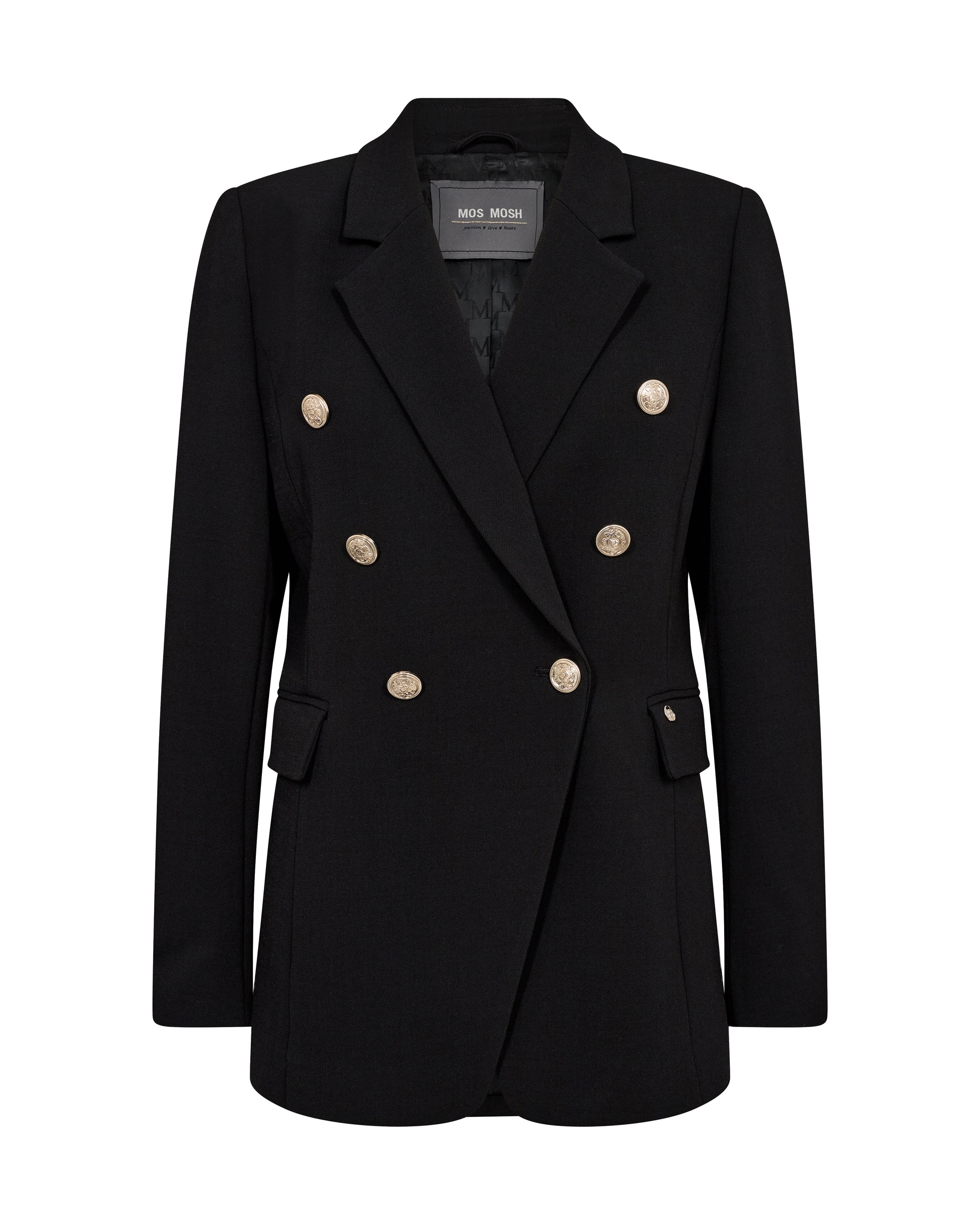 black double breasted blazer with gold enamel buttons and flap pockets