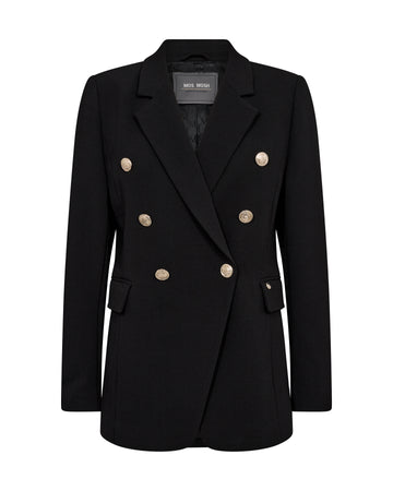 black double breasted blazer with gold enamel buttons and flap pockets