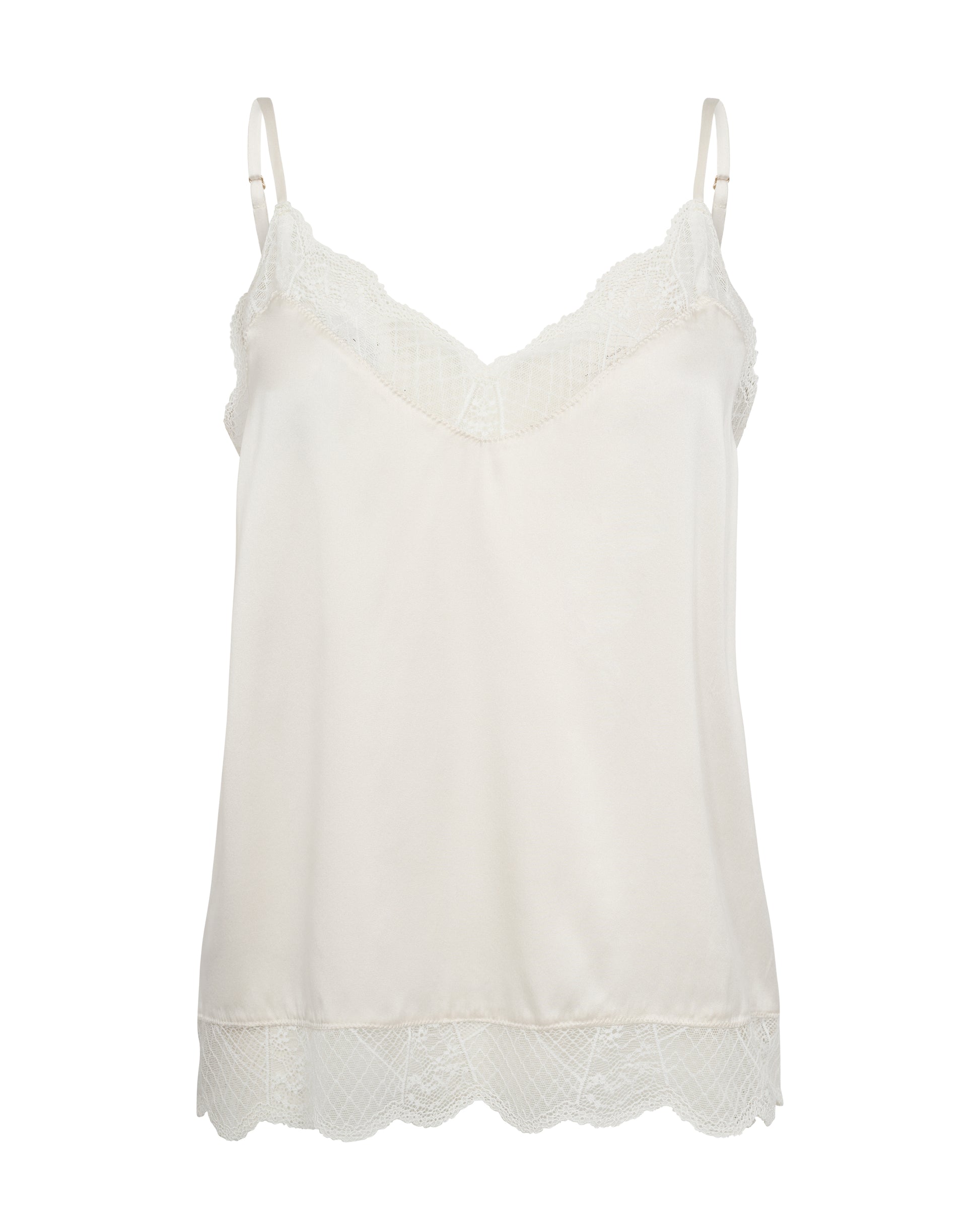 Ecru silk camisole trimmed in stretch lace with adjustable straps