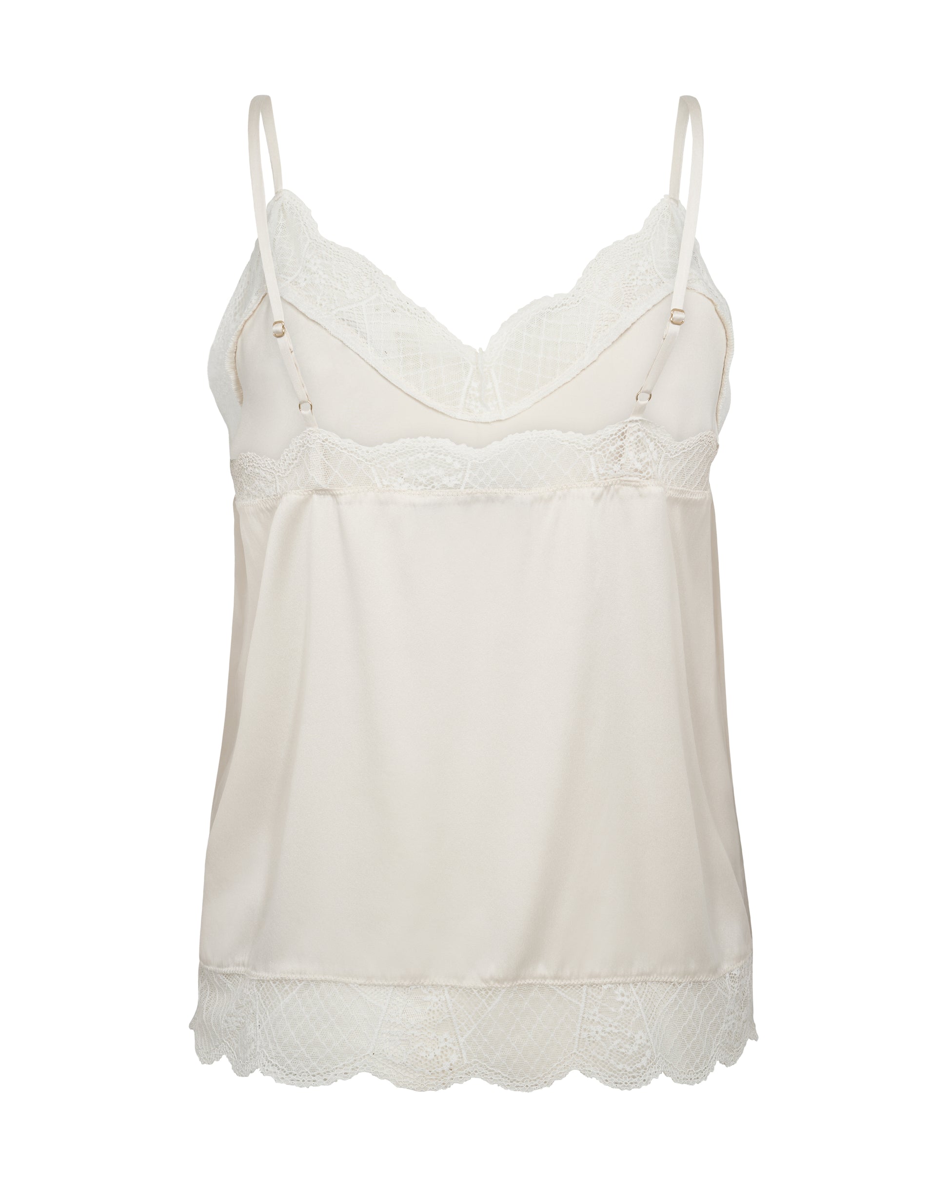 Ecru silk camisole trimmed in stretch lace with adjustable straps