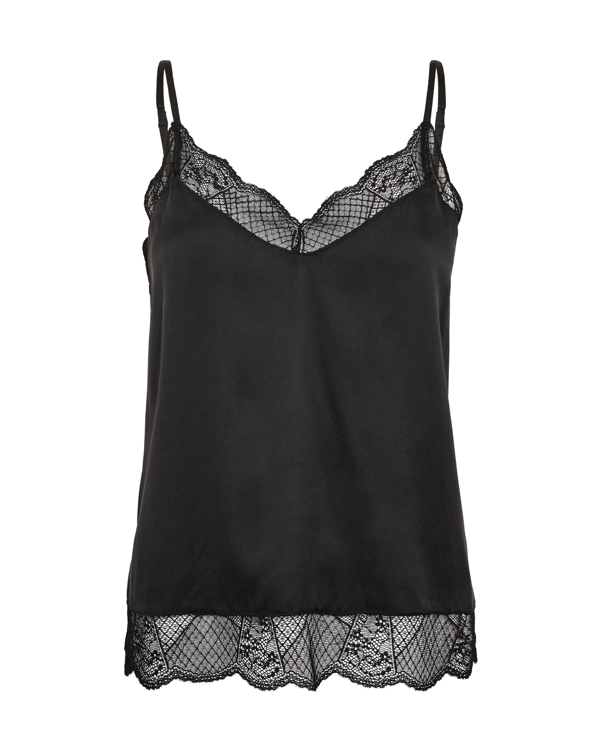 Lace trimmed camisole with adjustable straps in black