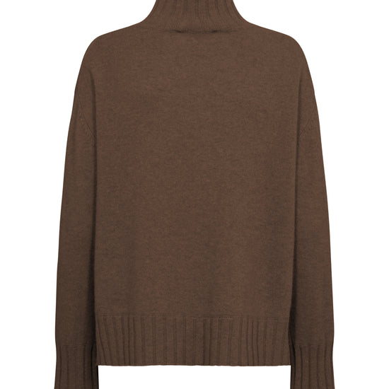 Rear view of high neck cashmere jumper in warm brown