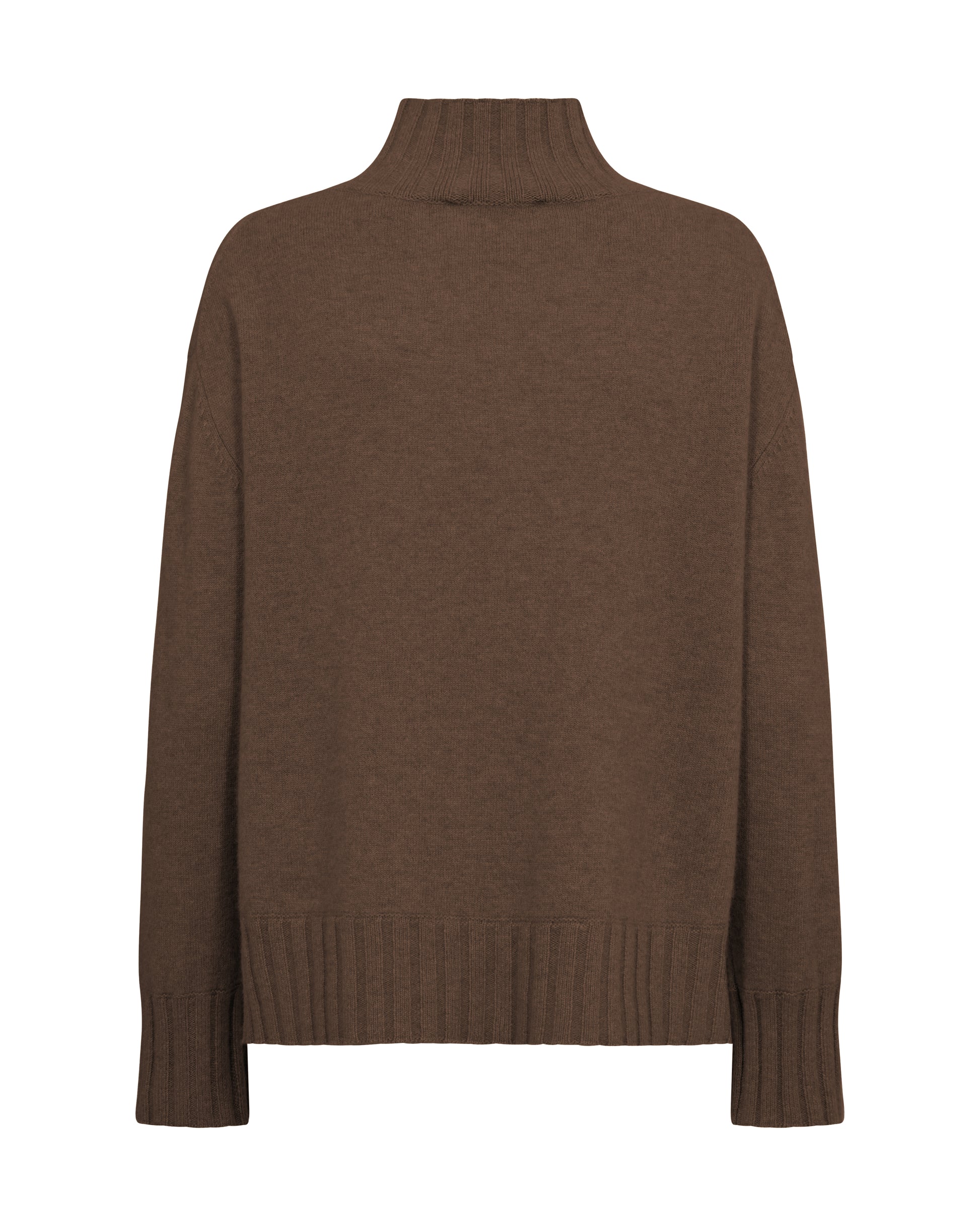 Rear view of high neck cashmere jumper in warm brown