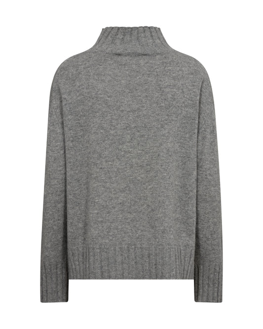 Rear view of grey high neck cashmere knit