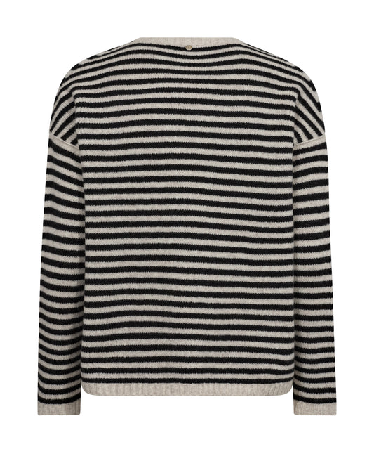 Rear view of stripey round neck jumper