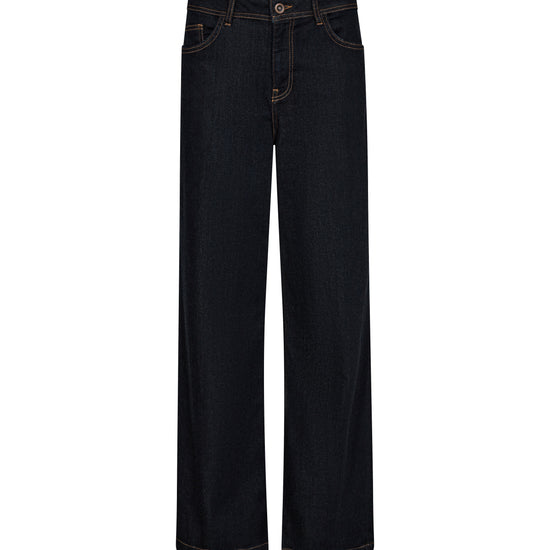 dark blue straight leg jeans with contrast stitching 