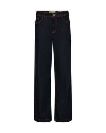 dark blue straight leg jeans with contrast stitching 