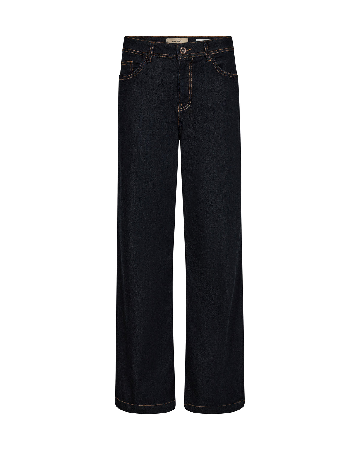 straight wide leg high rise dark blue jeans with contrast stitching