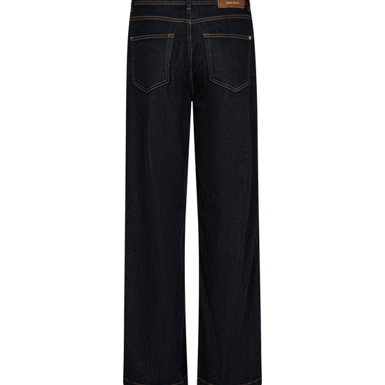 dark blue straight leg jeans with contrast stitching rear view