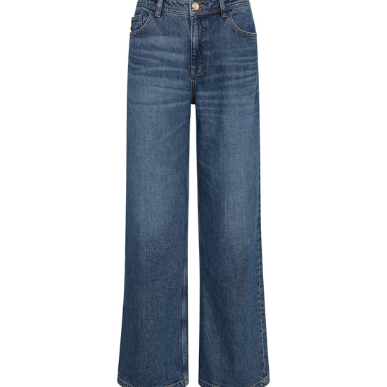 High waisted mid wash wide leg jeans