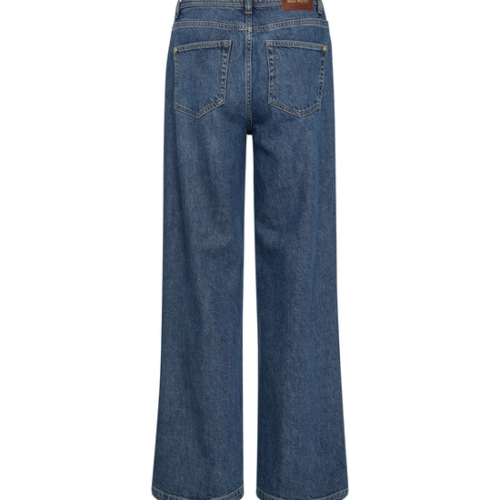 High waisted mid wash wide leg jeans rear view