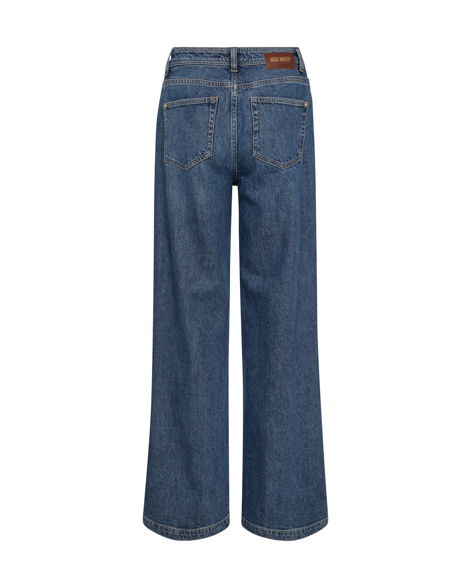 High waisted mid wash wide leg jeans rear view