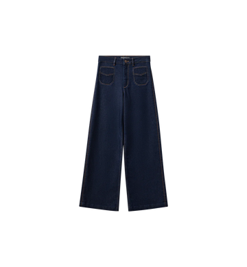 WIde leg dark blue wash jeans with 70's inspired patch pocket design