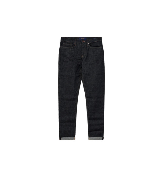 mens dark blue turn up jeans with contrast stitching
