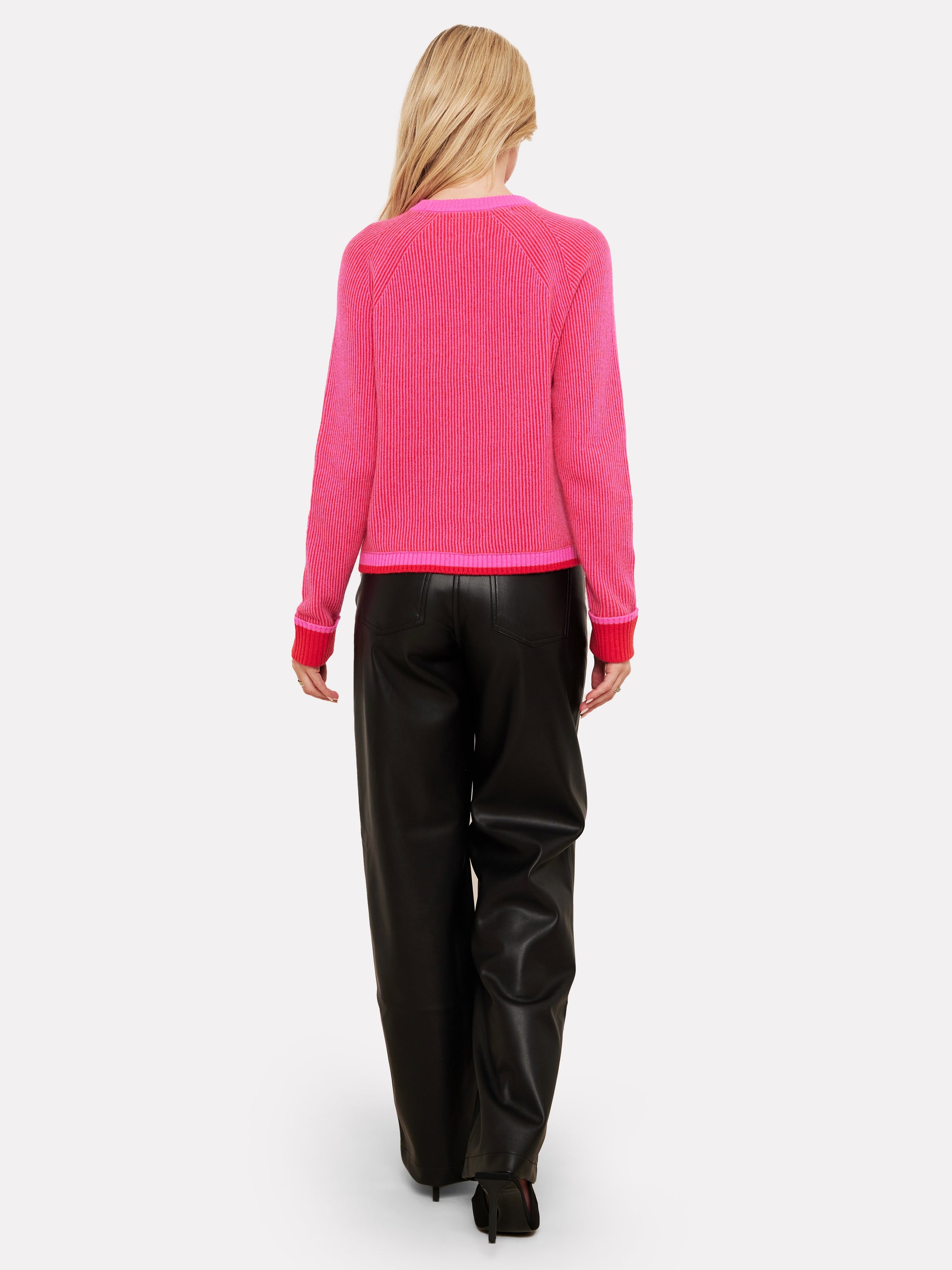 pink and red rib round neck cashmere jumper rear view