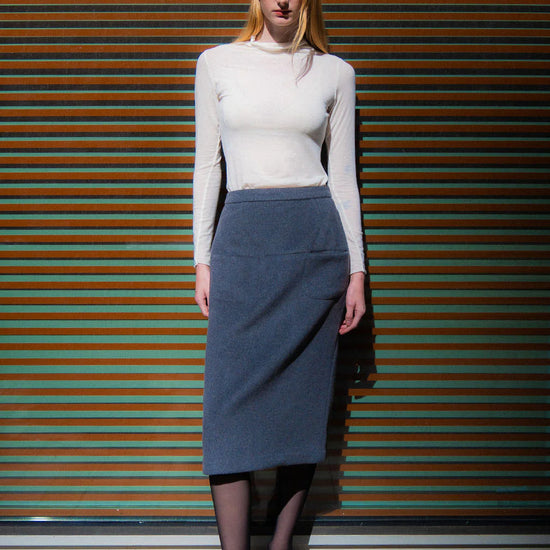 super soft long sleeve off white top with high round neck model shot