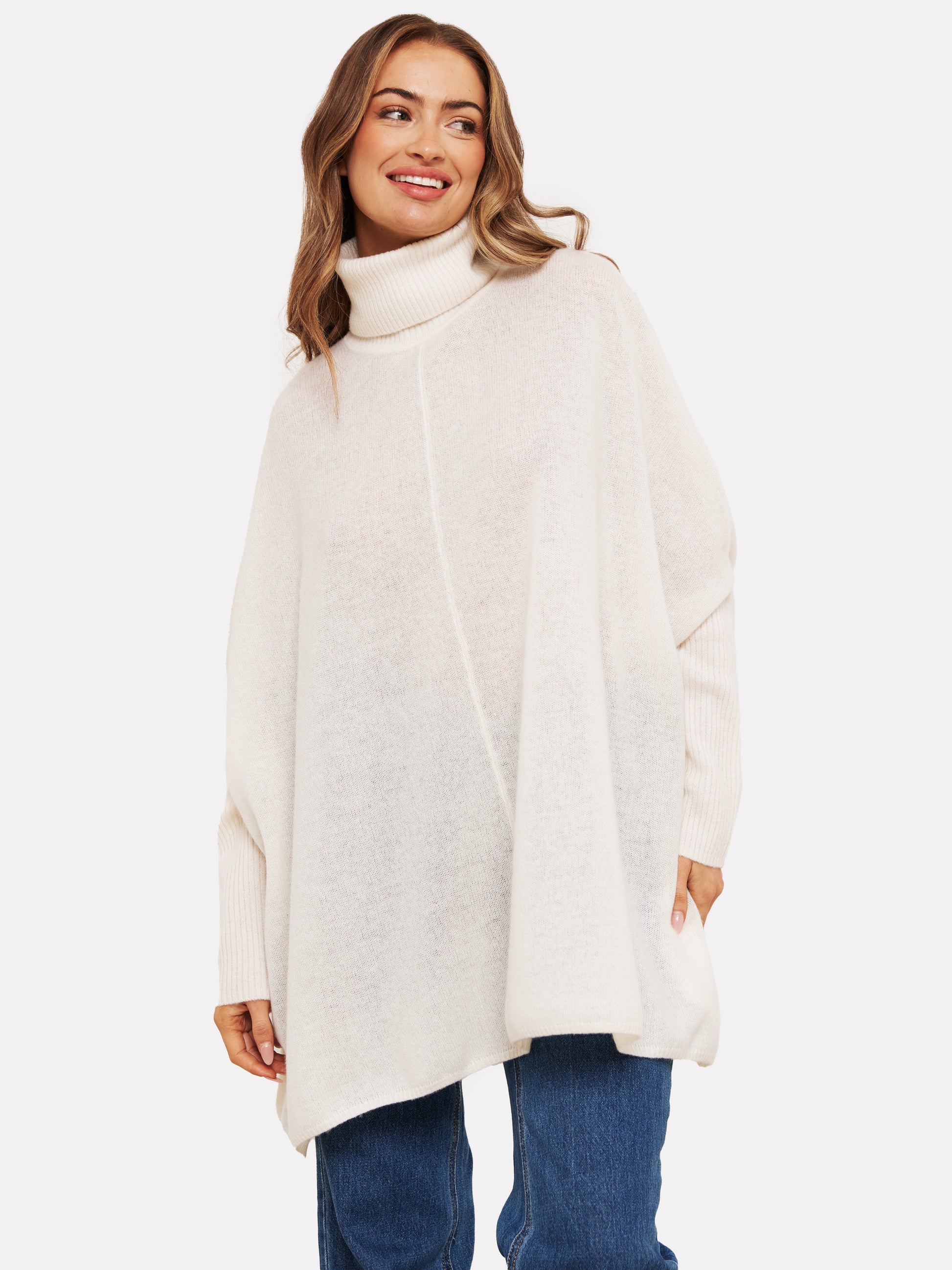 white cashmere poncho with turtle neck