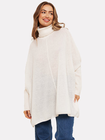 white cashmere poncho with turtle neck