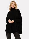 black cashmere poncho with turtle neck and ribbed sleeves 