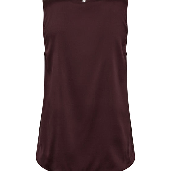 Brown sleeveless silk top on a white background