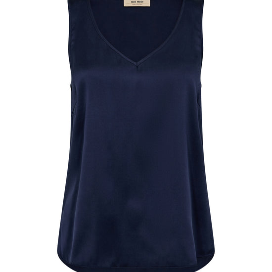 Navy blue silk sleeveless top on a white background