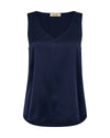 Navy blue silk sleeveless top on a white background