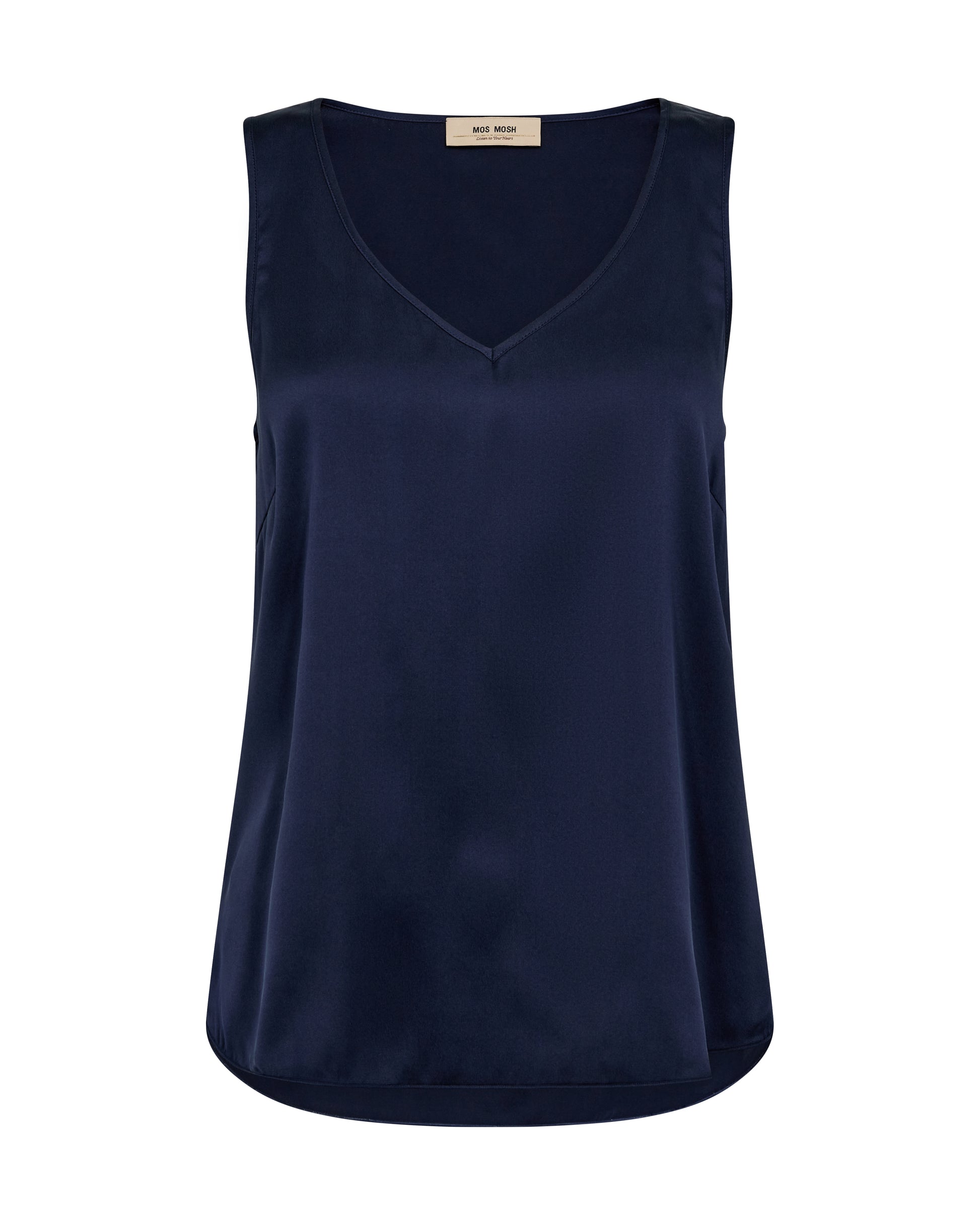 Navy blue silk sleeveless top on a white background