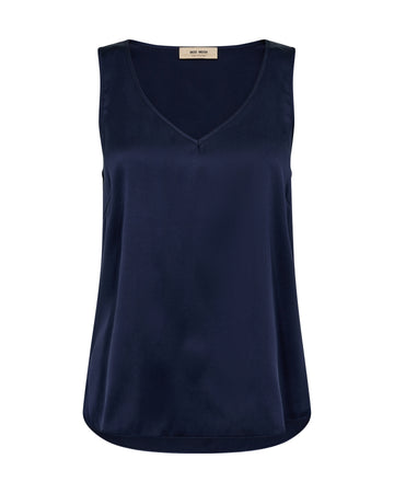 Navy blue silk sleeveless top on a white background