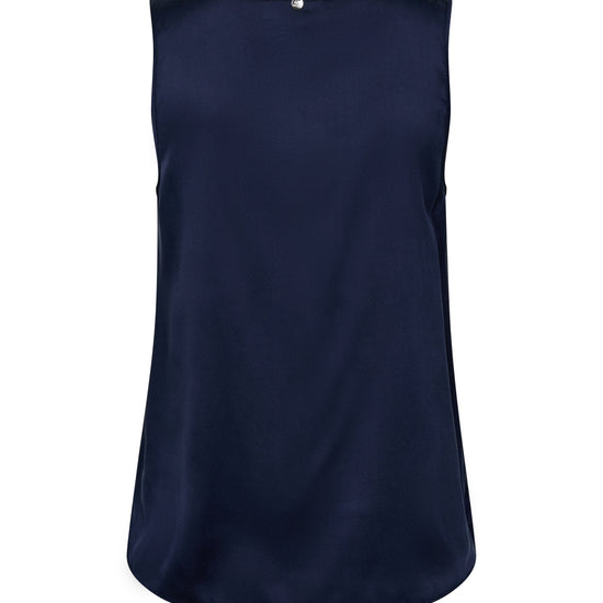 Navy blue silk sleeveless top on a white background