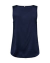Navy blue silk sleeveless top on a white background