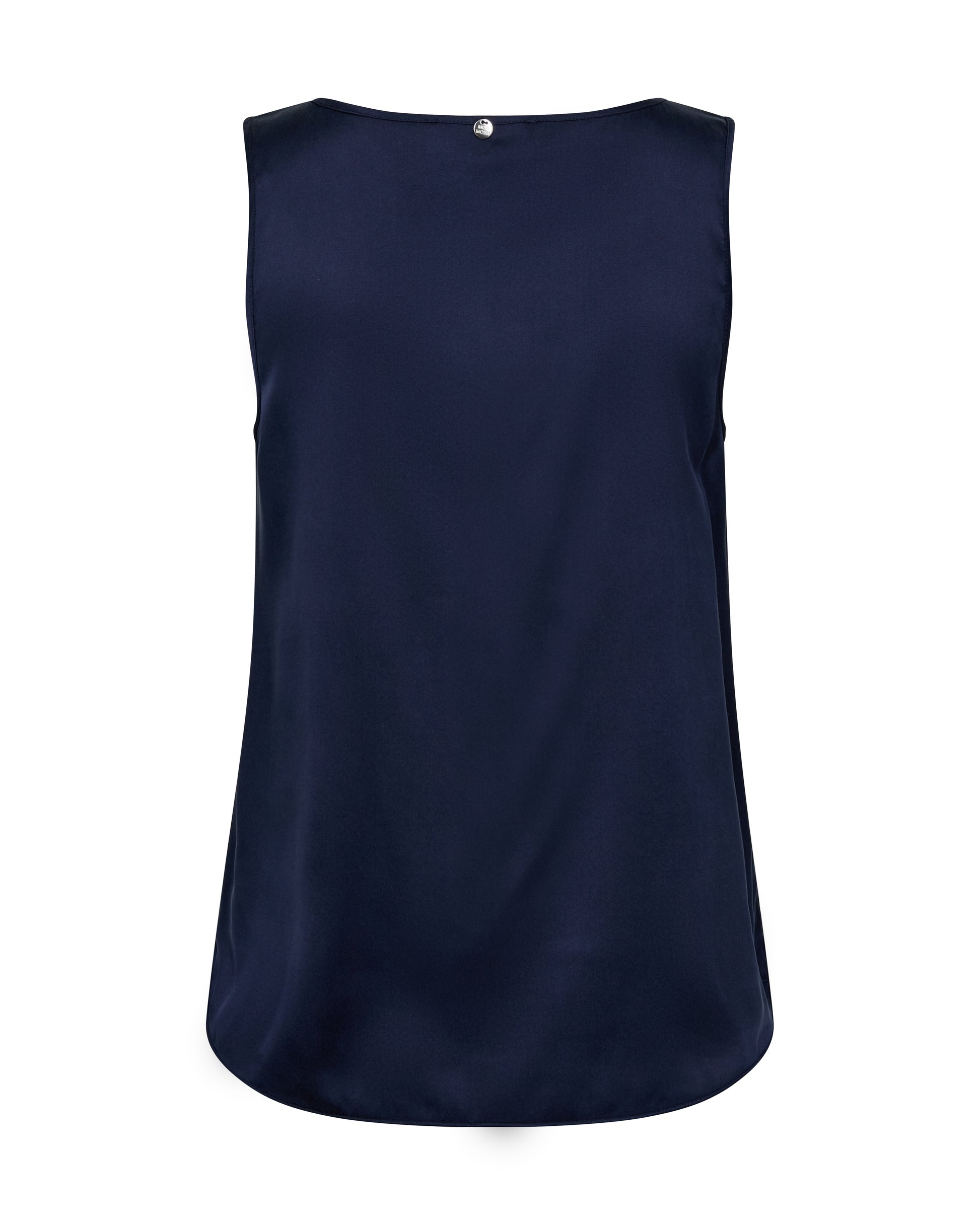 Navy blue silk sleeveless top on a white background
