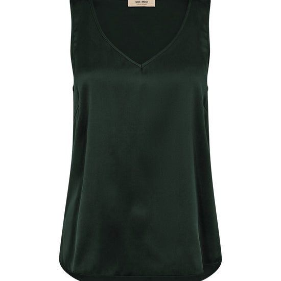 Dark green silk sleeveless top on a white background