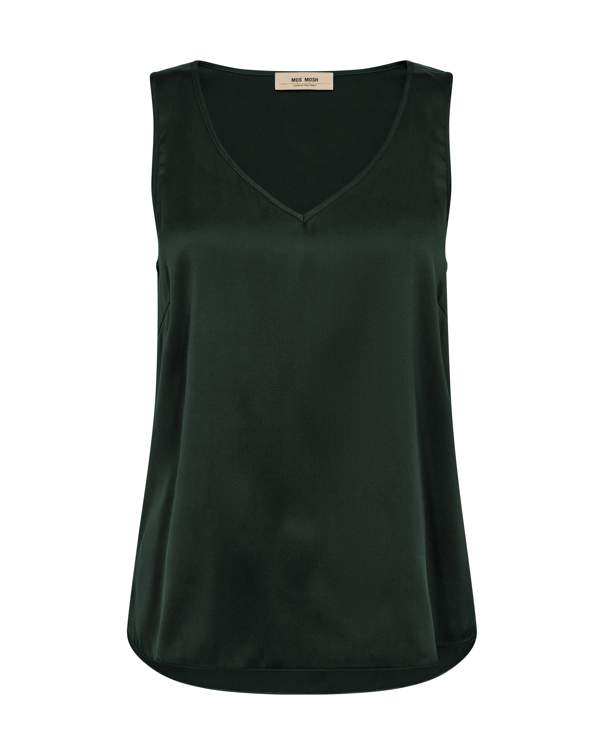 Dark green silk sleeveless top on a white background