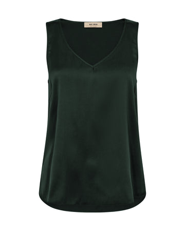 Dark green silk sleeveless top on a white background