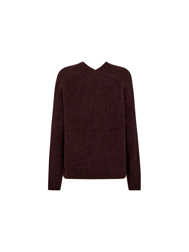 deep bordeaux v neck jumper from mos mosh rear view