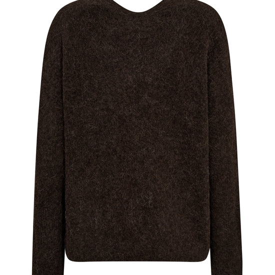 oversized wool mix v neck dark brown jumper rear view