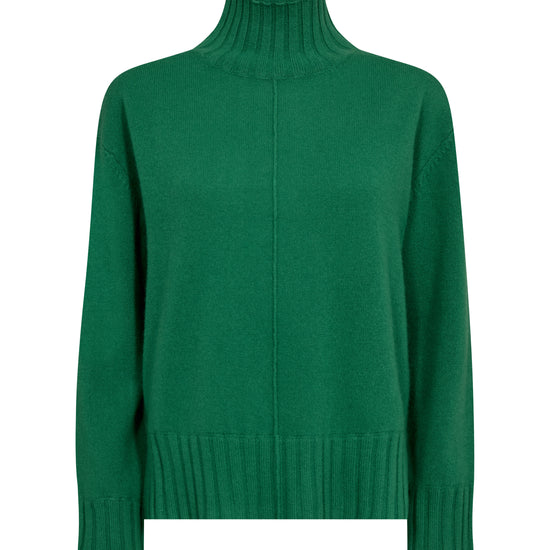 Green cashmere sweater with a high collar on a white background