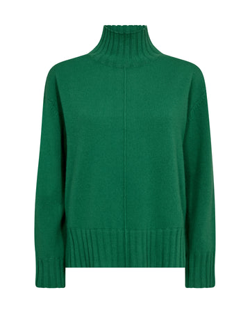Green cashmere sweater with a high collar on a white background