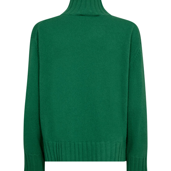 Green cashmere sweater with a high collar on a white background