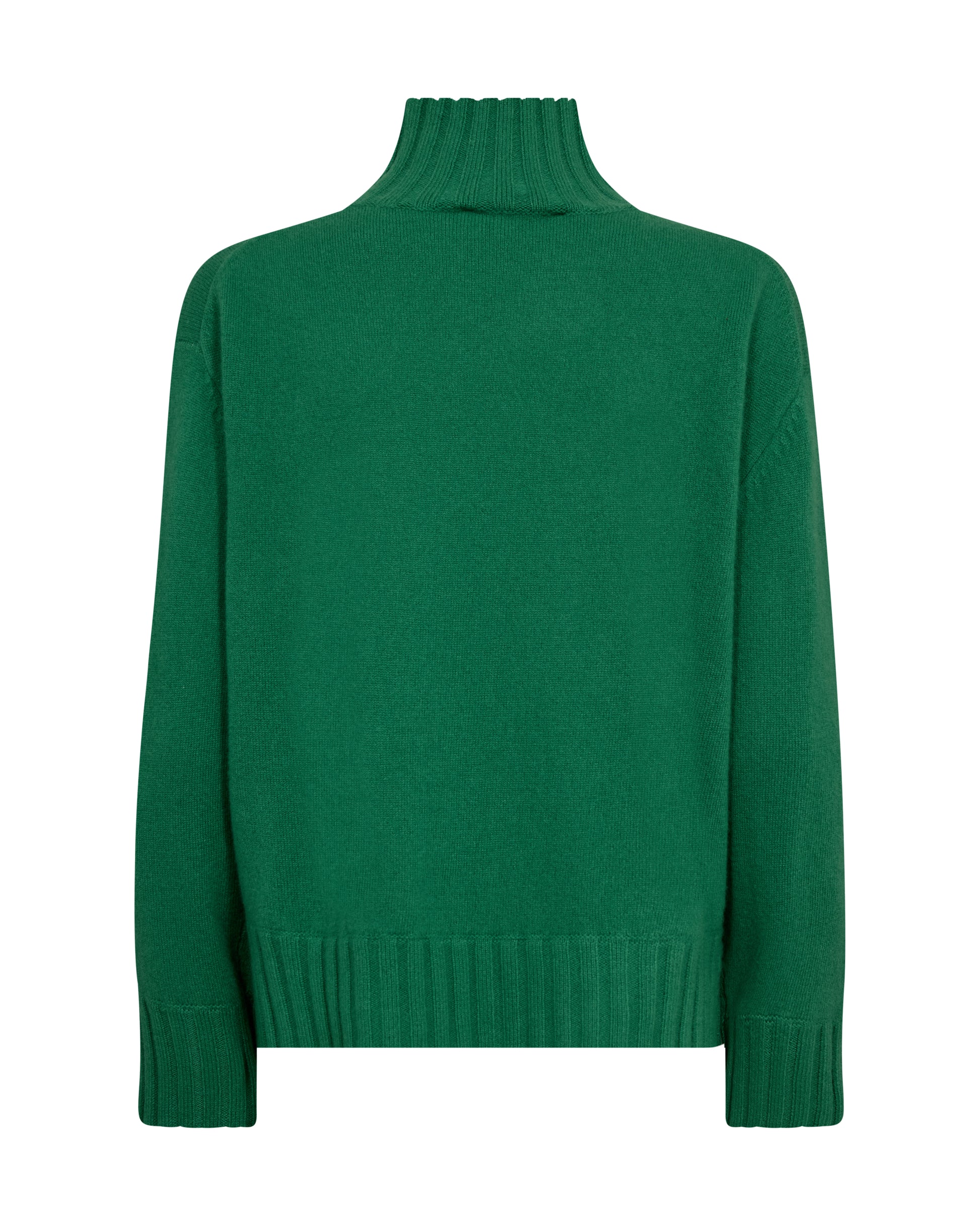 Green cashmere sweater with a high collar on a white background