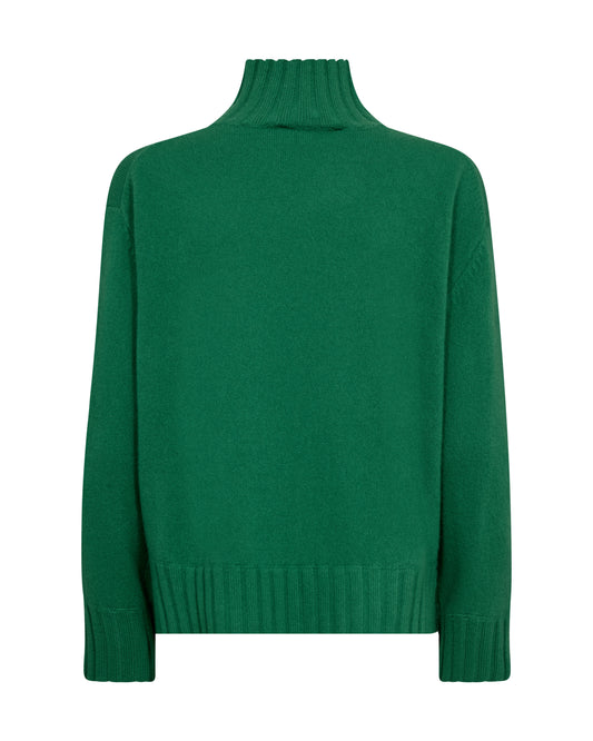 Green cashmere sweater with a high collar on a white background