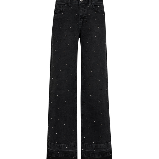 wide leg dark grey jeans with studs all over