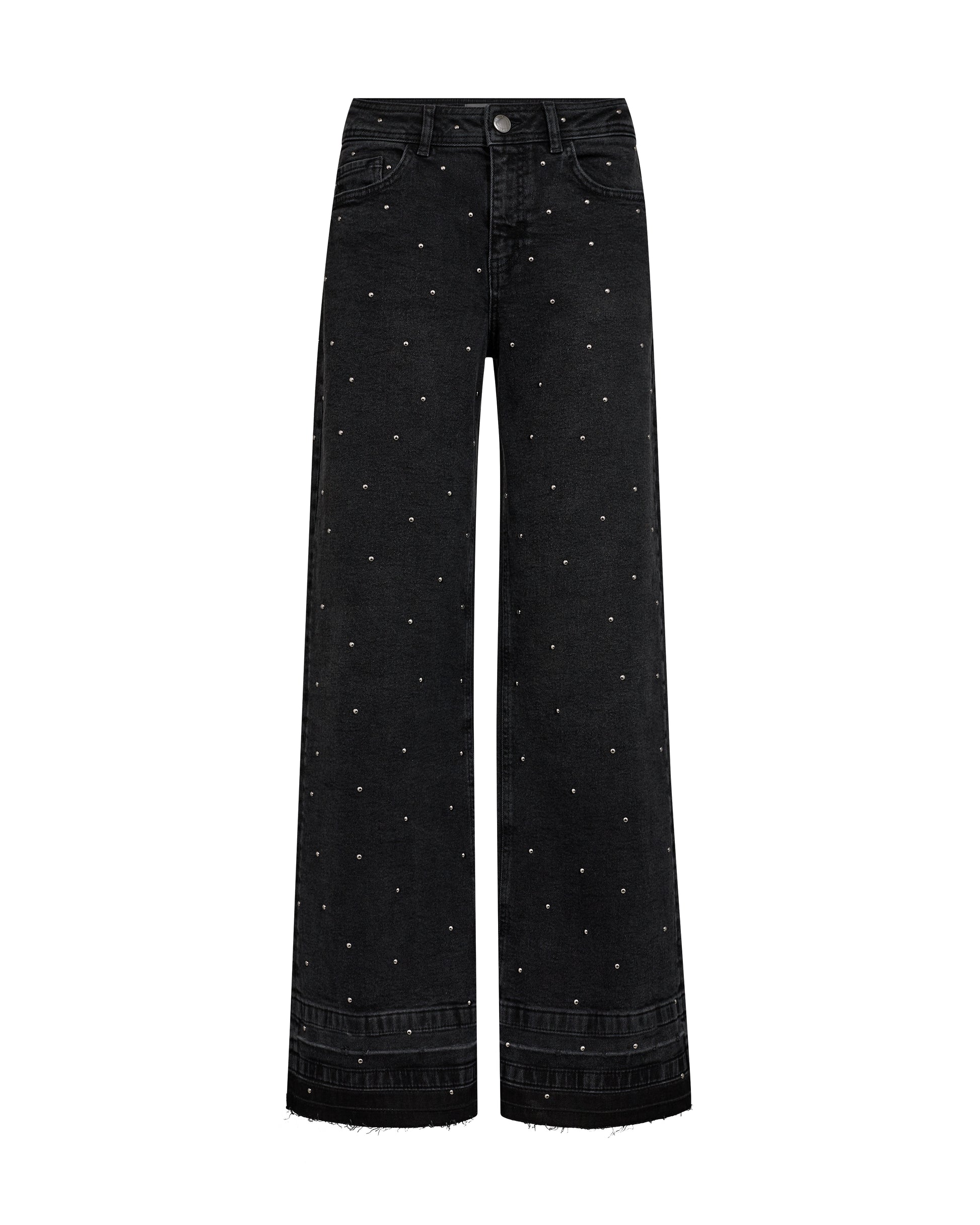 wide leg dark grey jeans with studs all over