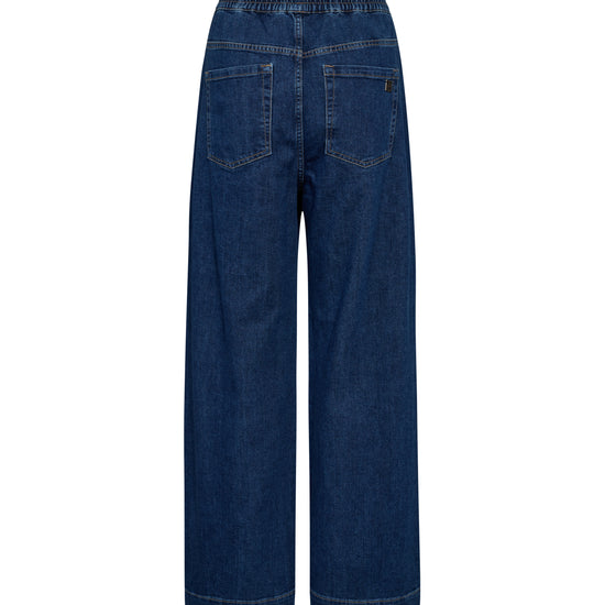 wide leg super soft dark blue jeans with drawstring waist rear view