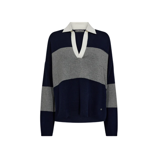 v neck navy and grey striped jumper with contrasting white collar from mos mosh