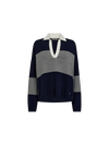 v neck navy and grey striped jumper with contrasting white collar from mos mosh