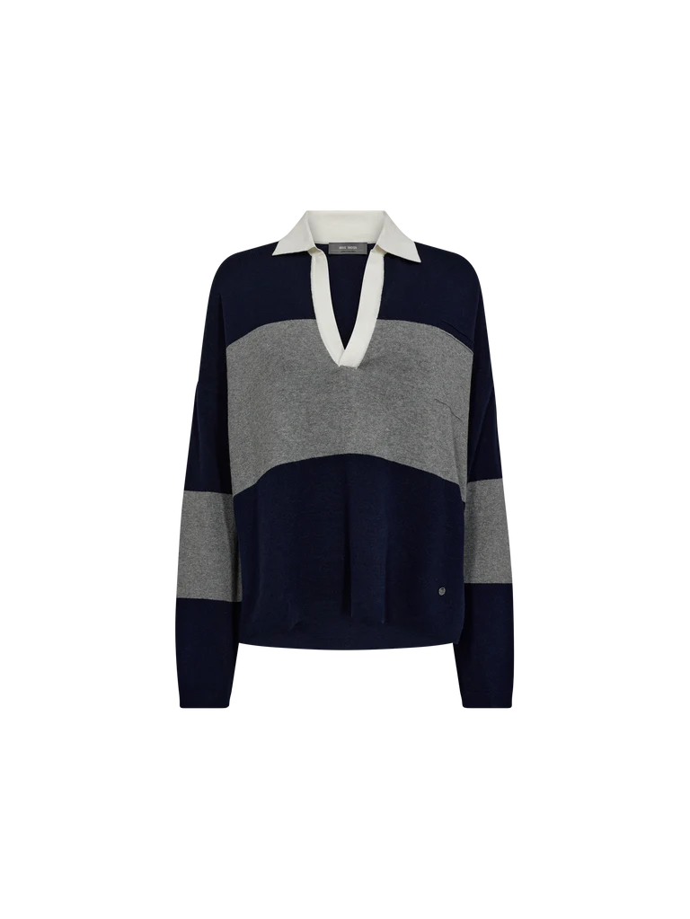 v neck navy and grey striped jumper with contrasting white collar from mos mosh
