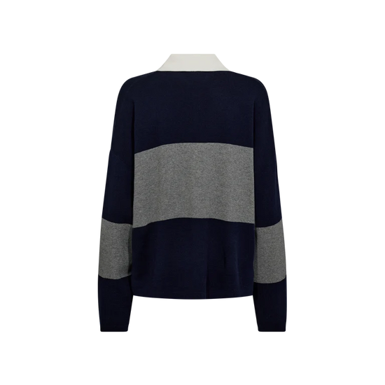 v neck navy and grey striped jumper with contrasting white collar from mos mosh rear view